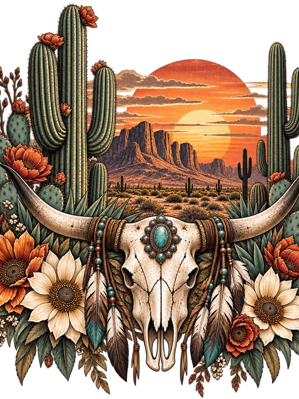 Southwestern Desert Skull adult t-shirt women’s Turquoise & Orange